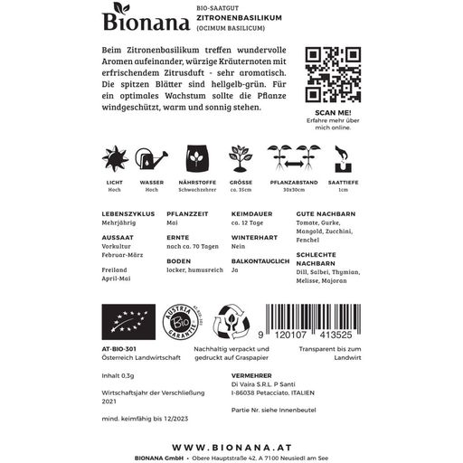Bionana Organic Lemon Basil - 1 Pkg