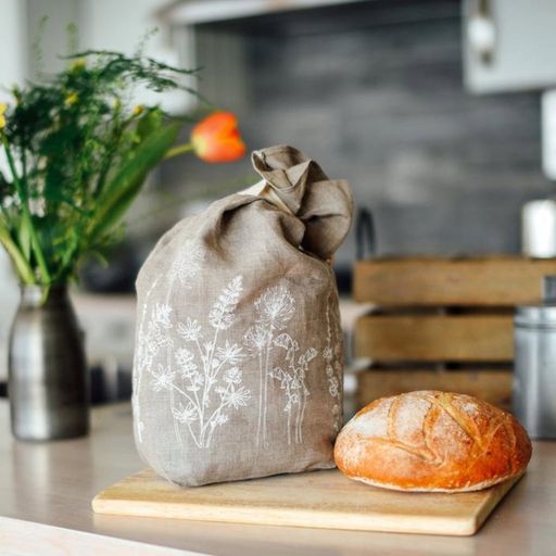 Helen Round Linen Bread Bag - Garden Design - Natural