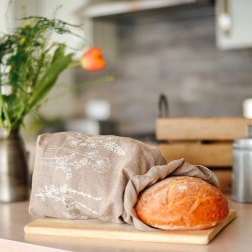 Helen Round Linen Bread Bag - Garden Design - Natural