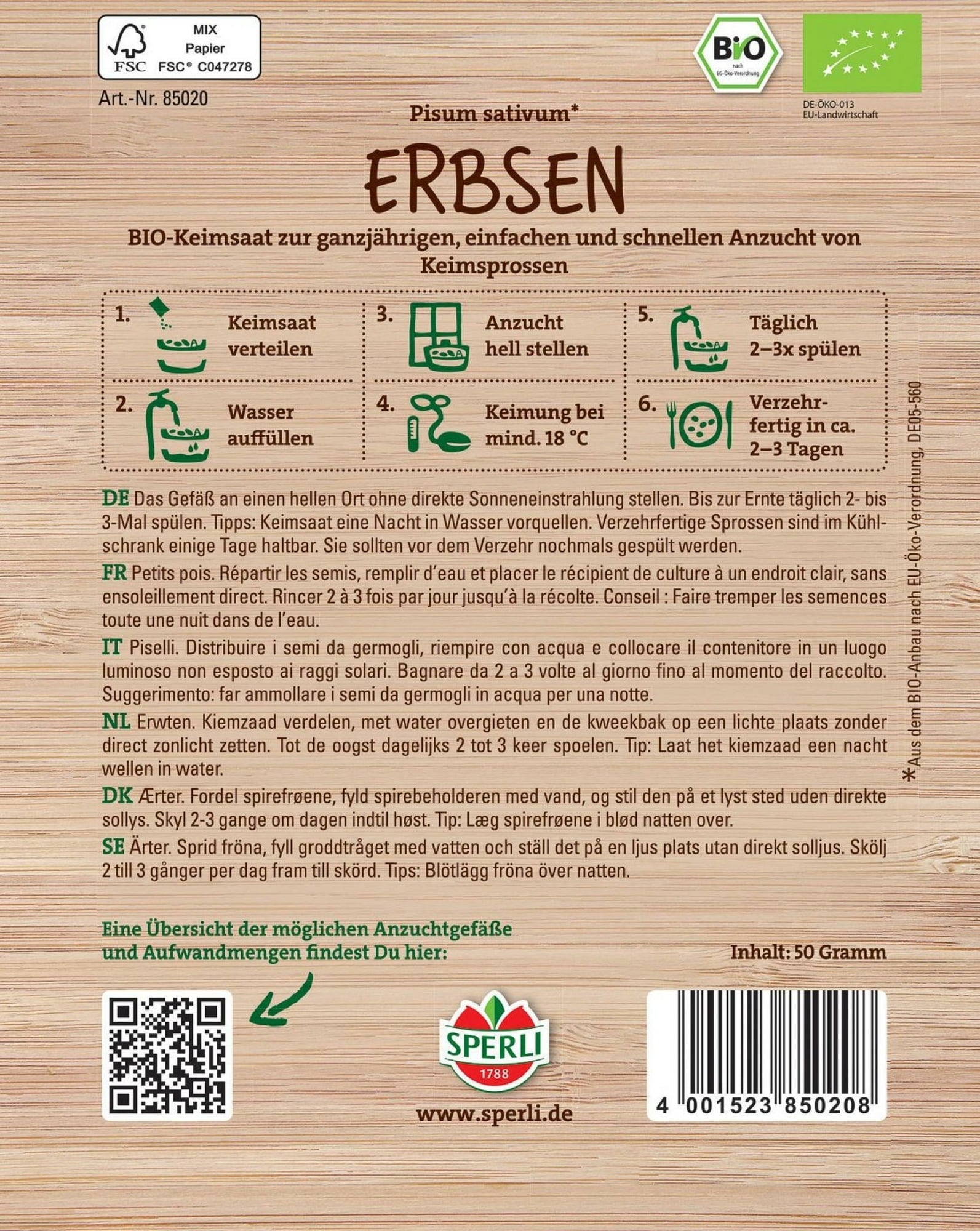 Sperli Graines Germées Bio - Pois - 1 sachet