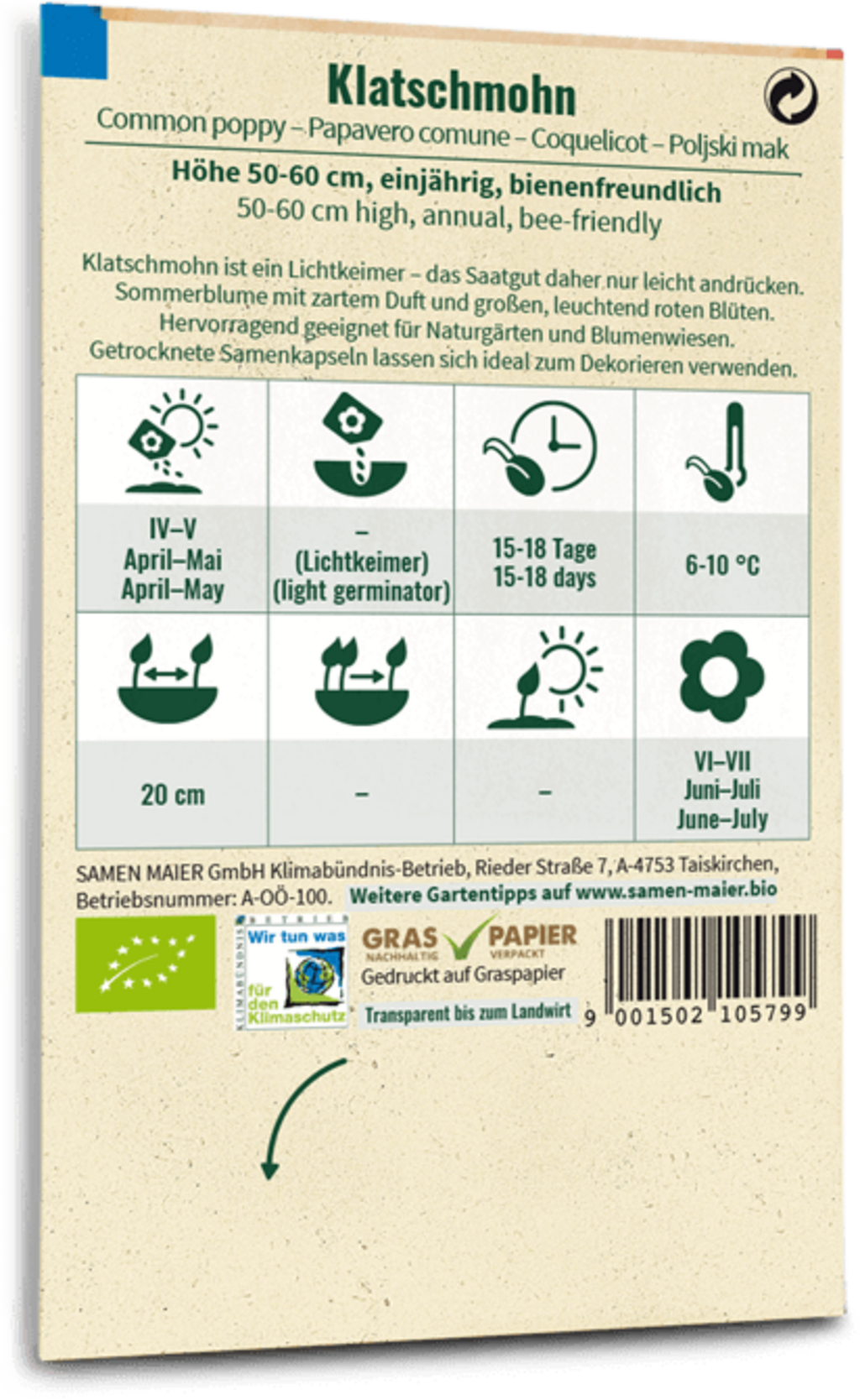 Samen Maier Organic Common Poppy - 1 Pkg