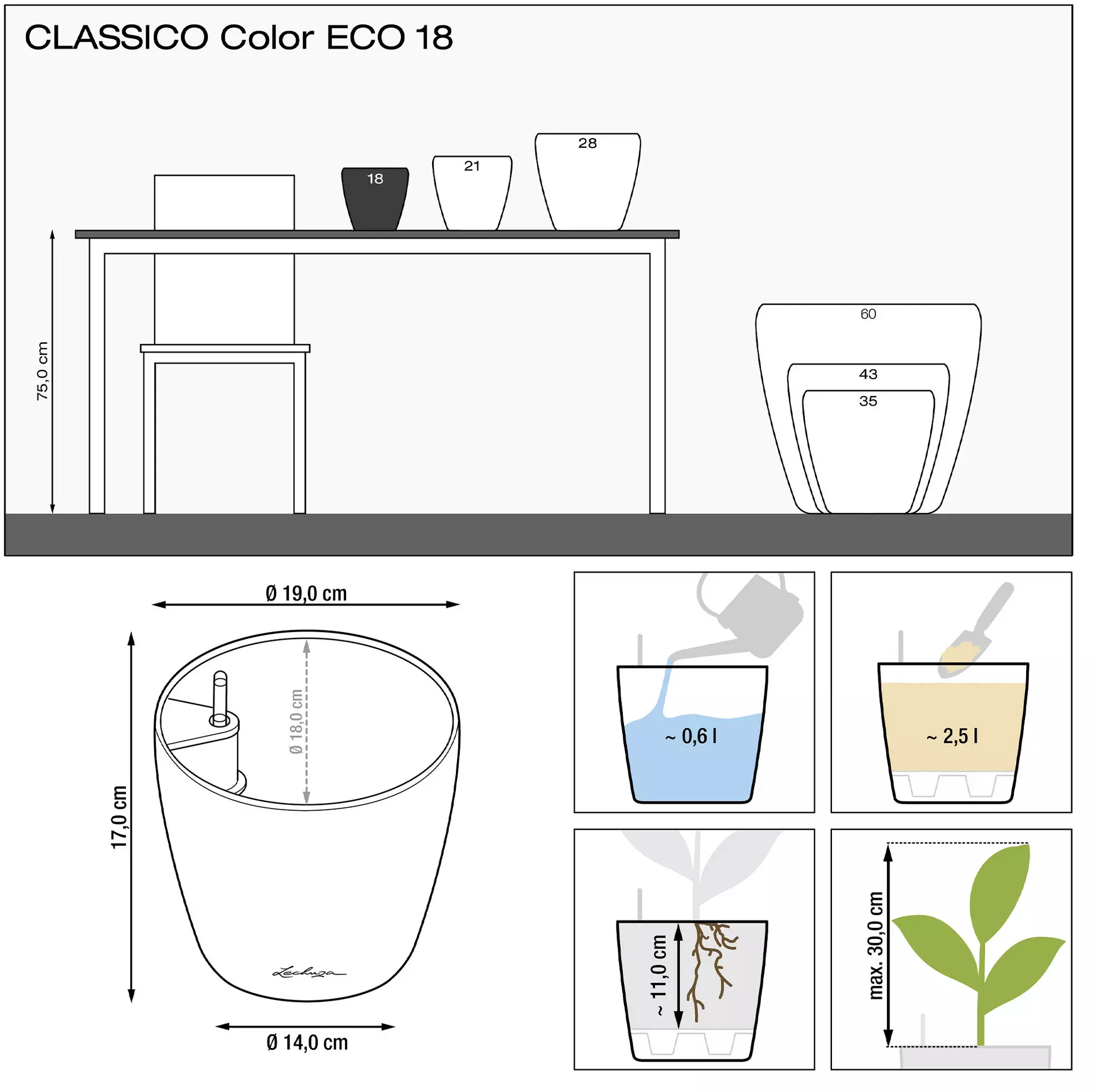 Lechuza Planteringskärl CLASSICO Color ECO 18 - mörkgrå