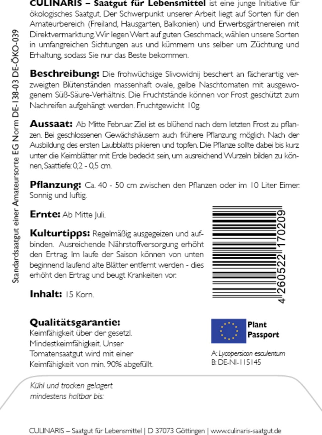 Culinaris Tomate Cerise Jaune Bio Slivowidnij - 1 sachet