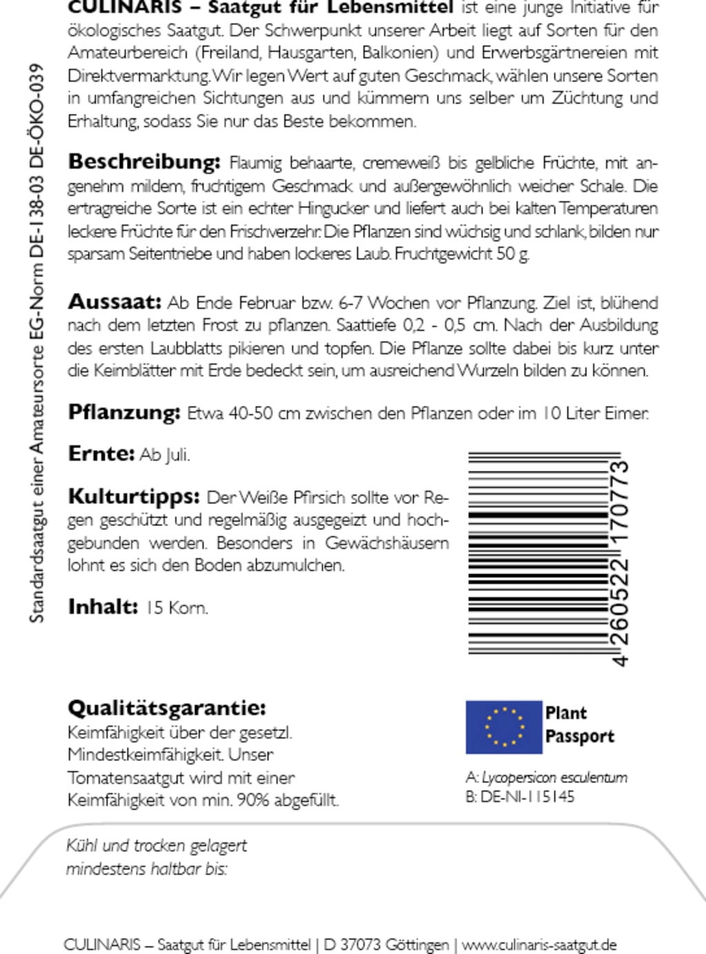 Culinaris Bio paradižnik bela breskev - 1 pkt.