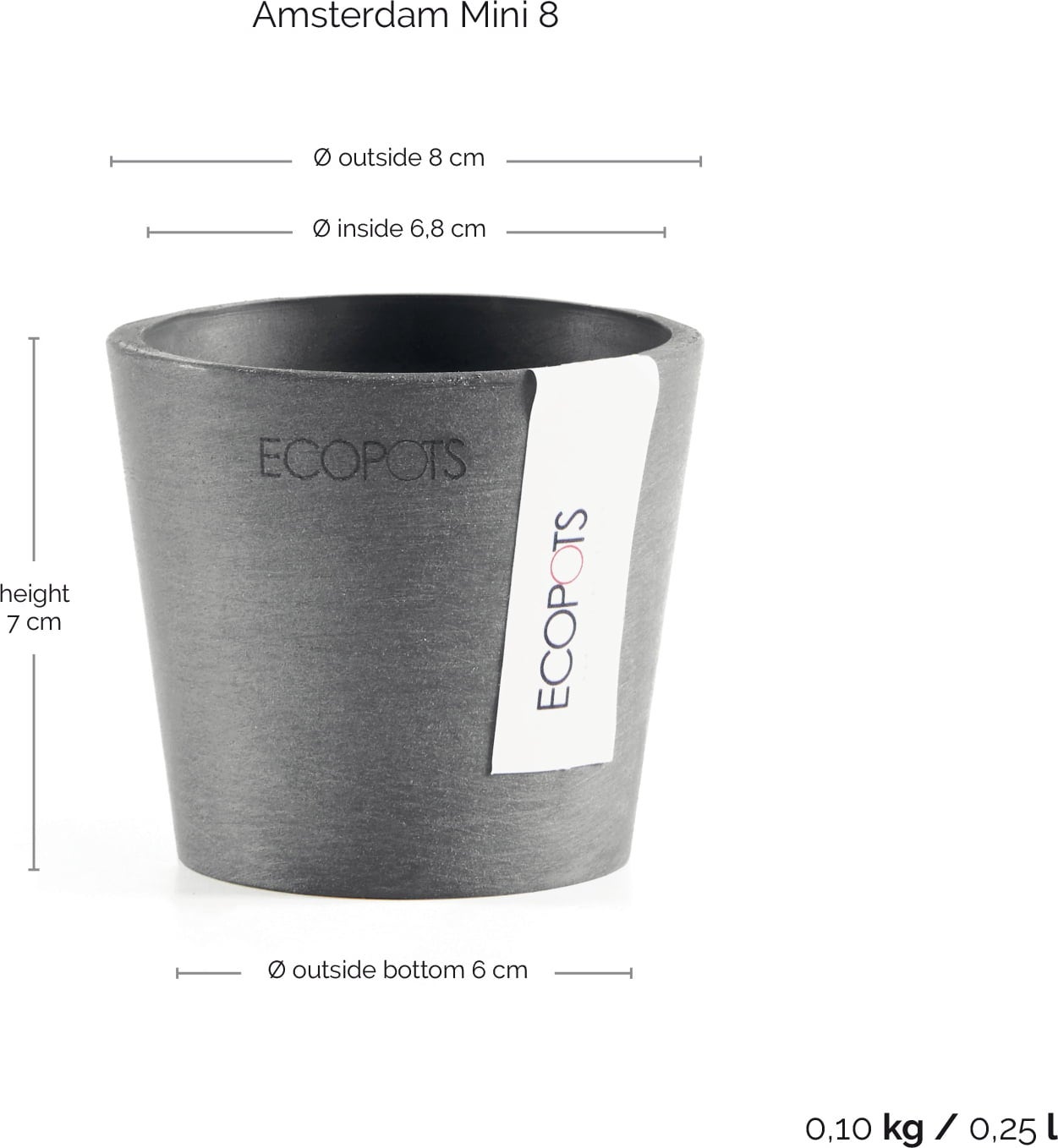 Ecopots Amsterdam, siva - Ø 8 cm, višina 7 cm
