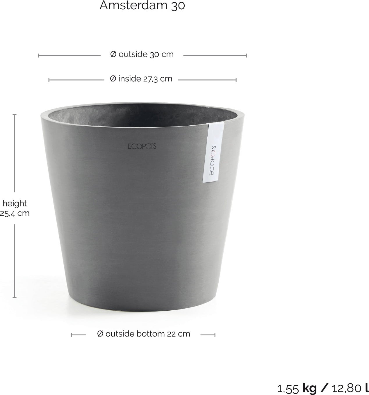 Ecopots Amsterdam Planter, Grey  - Ø 30 cm, height 25.4 cm