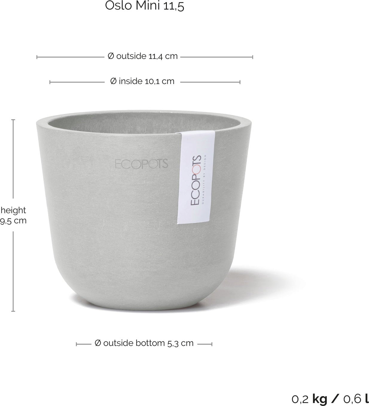 Ecopots Oslo Mini, belo siva - Ø 11,5 cm, višina 10 cm