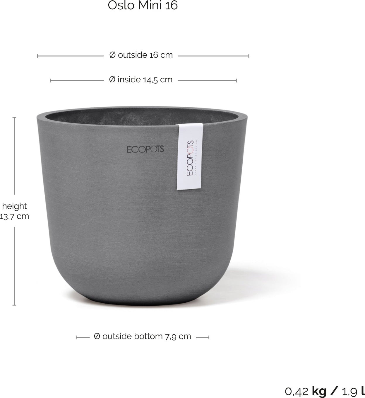 Ecopots Oslo Mini, siva - Ø 16 cm, višina 13 cm