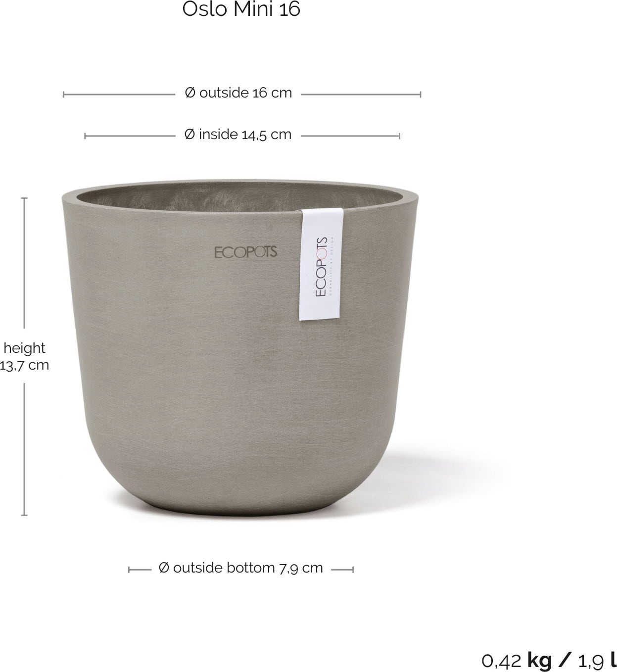 Ecopots Oslo Mini, taupe - Ø 16 cm, višina 13 cm