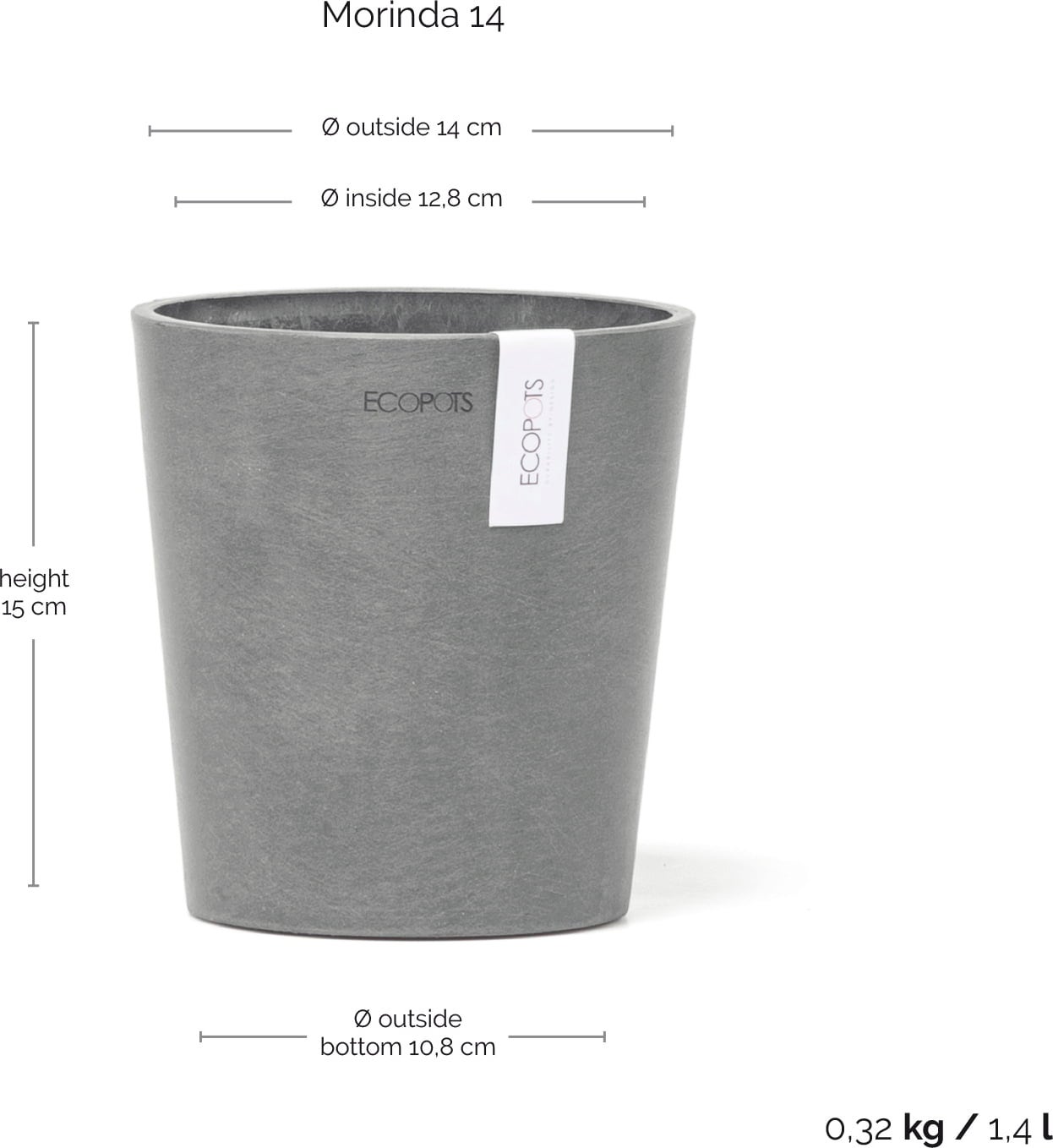Ecopots Morinda, siva - Ø 14 cm, višina 16 cm