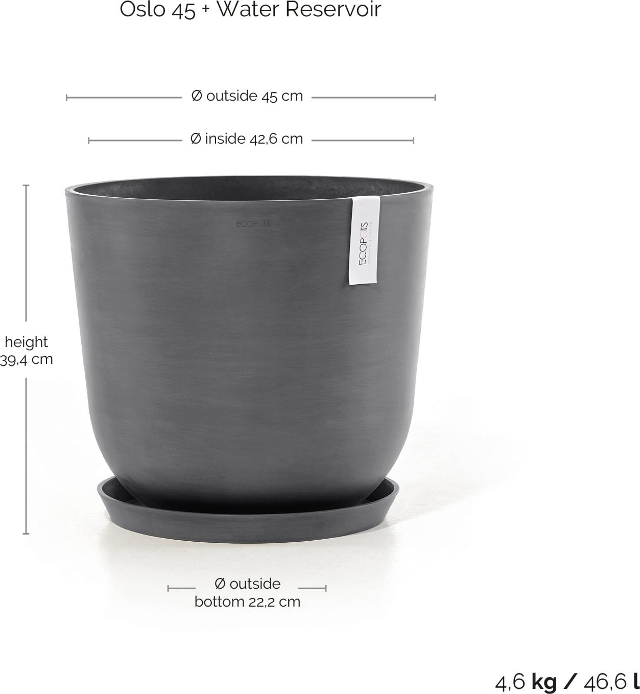 Ecopots Oslo Blomkruka med Vattenbehållare - grå - Ø 45 cm, höjd 39,2 cm