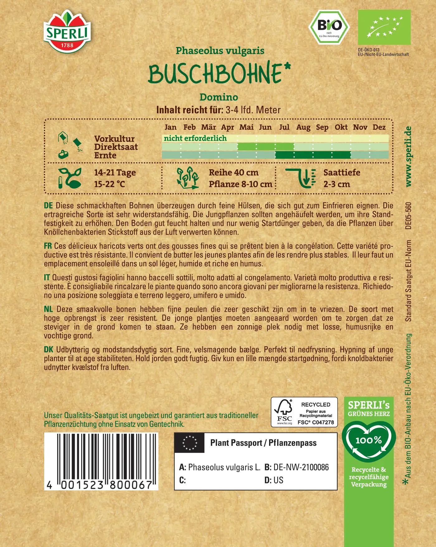 Sperli Organic Bush Beans, Fine - 1 Pkg